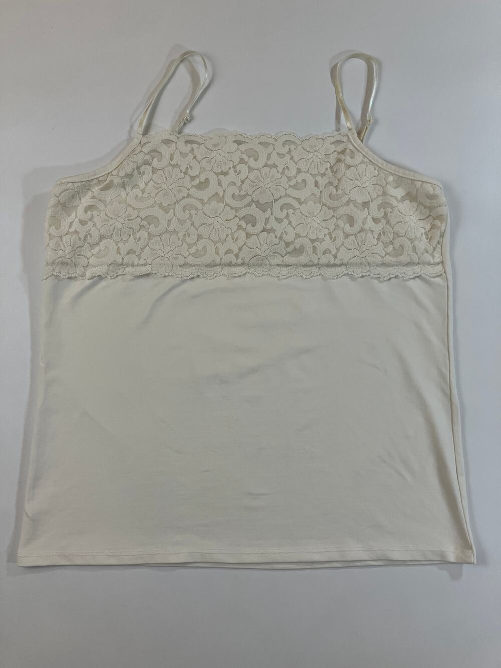 Boutique Essentials Women XL Ivory Lace Camisole Tank Top Adjustable Strap Y2K